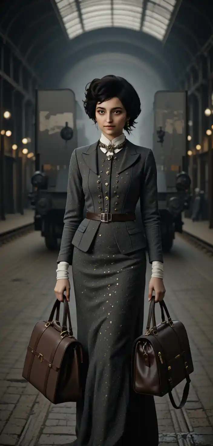 Elegant woman in victorian suit on nostalgic train platform