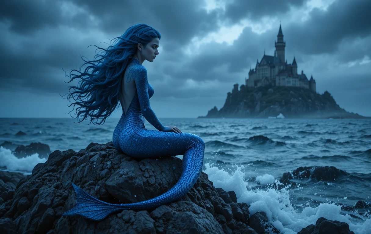 Melancholic mermaid on stormy rocks facing distant castle
