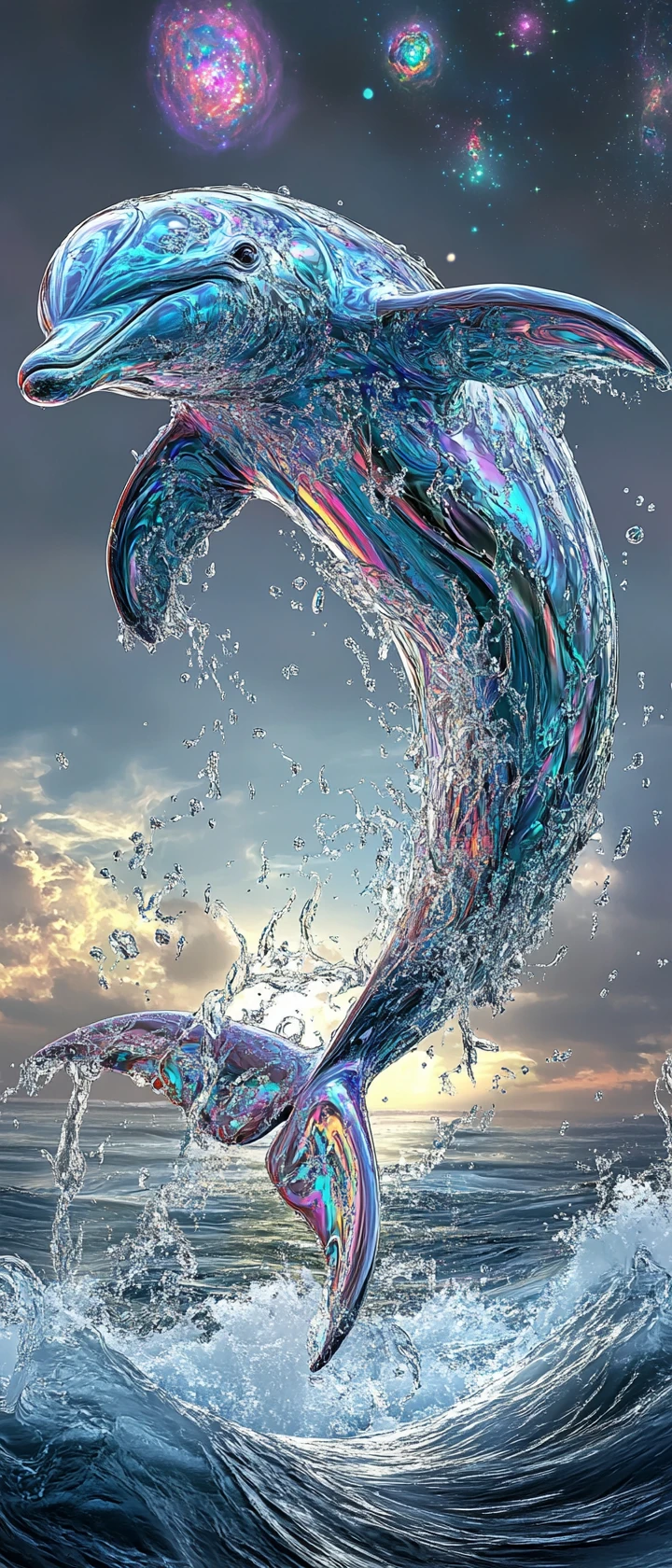 Water formed dolphin leaping above waves in cosmic sky