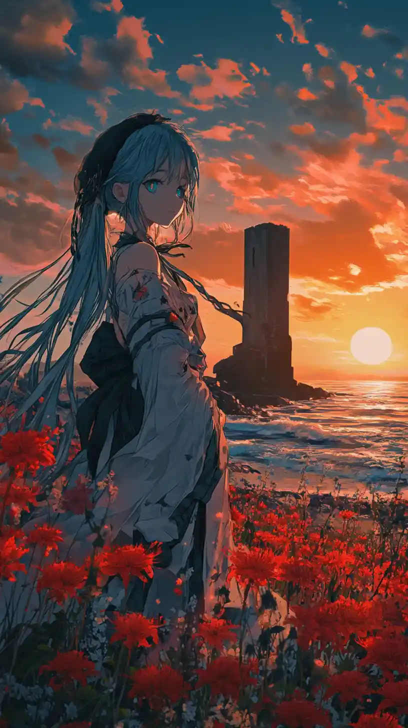 Anime girl on a stone path in a sunset flower meadow