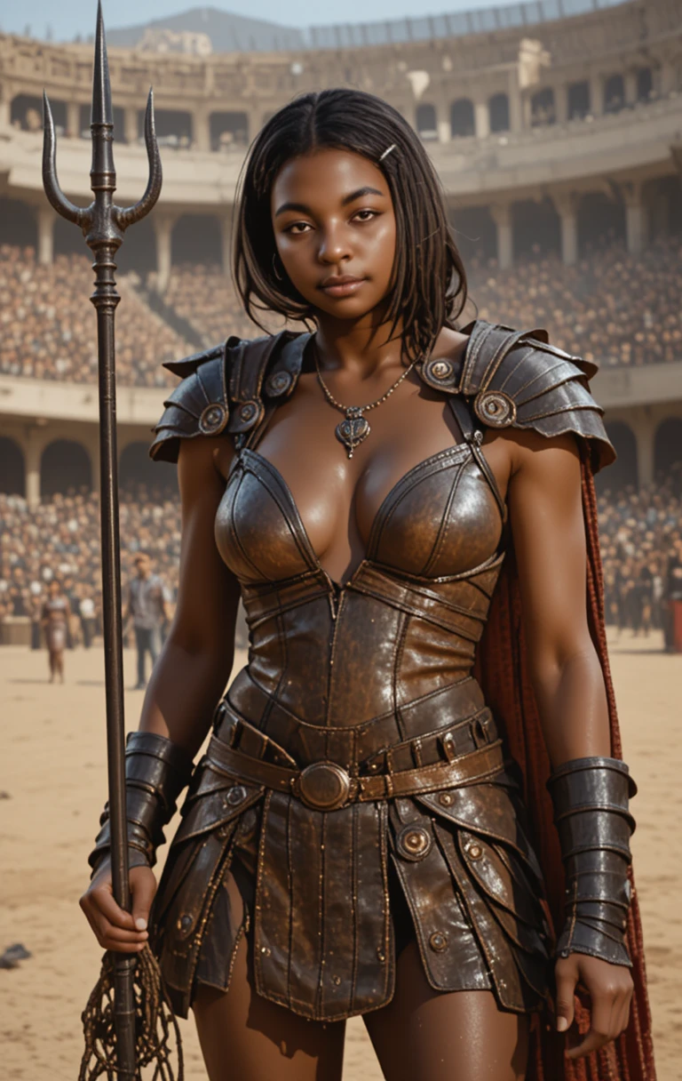 Female gladiator posing in leather armor under bright sun