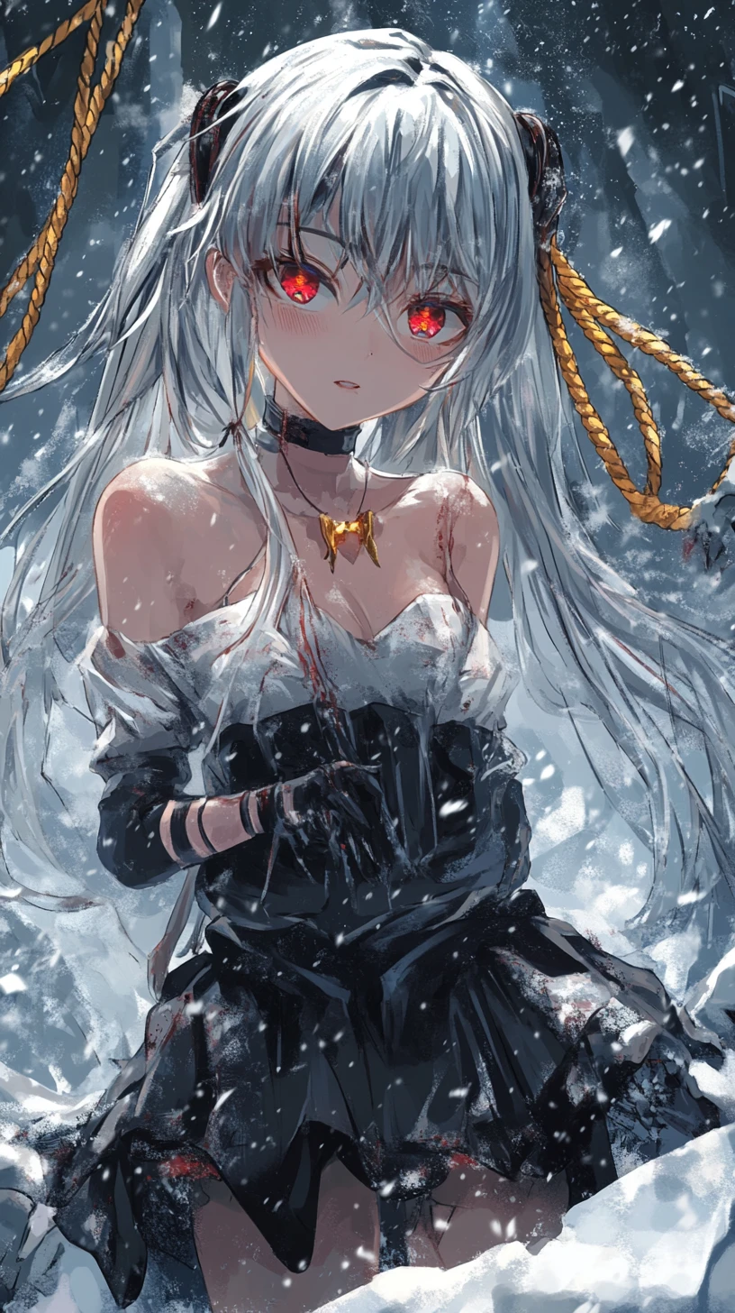Anime girl in greasy clothes watching a glowing crystal