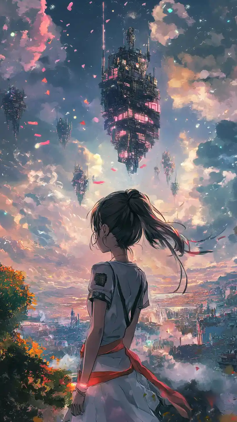 Castelo de fantasia em ilhas flutuantes no céu sob uma meia-lua