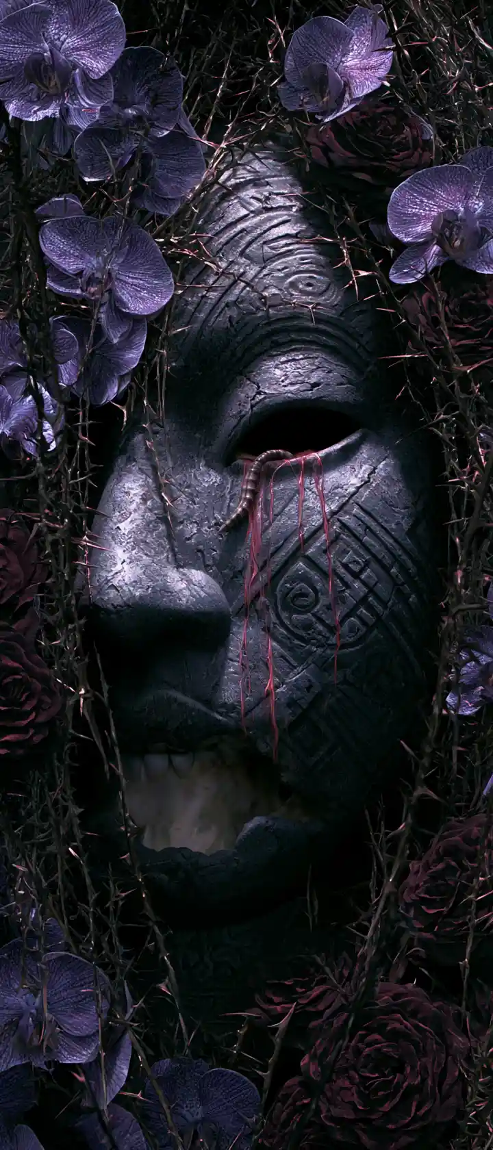Weathered stone head in a chained thorn garden