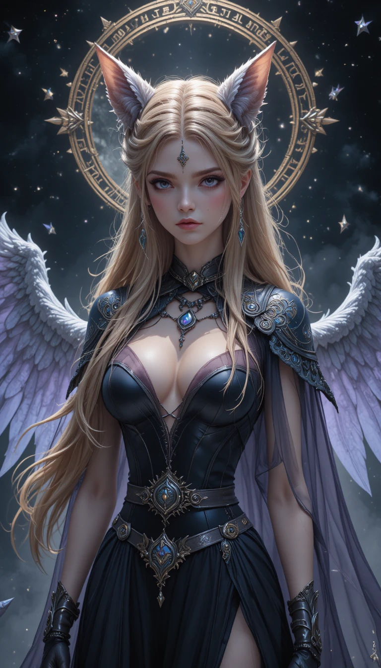 Elegant wolf goddess woman with gears and violet eyes
