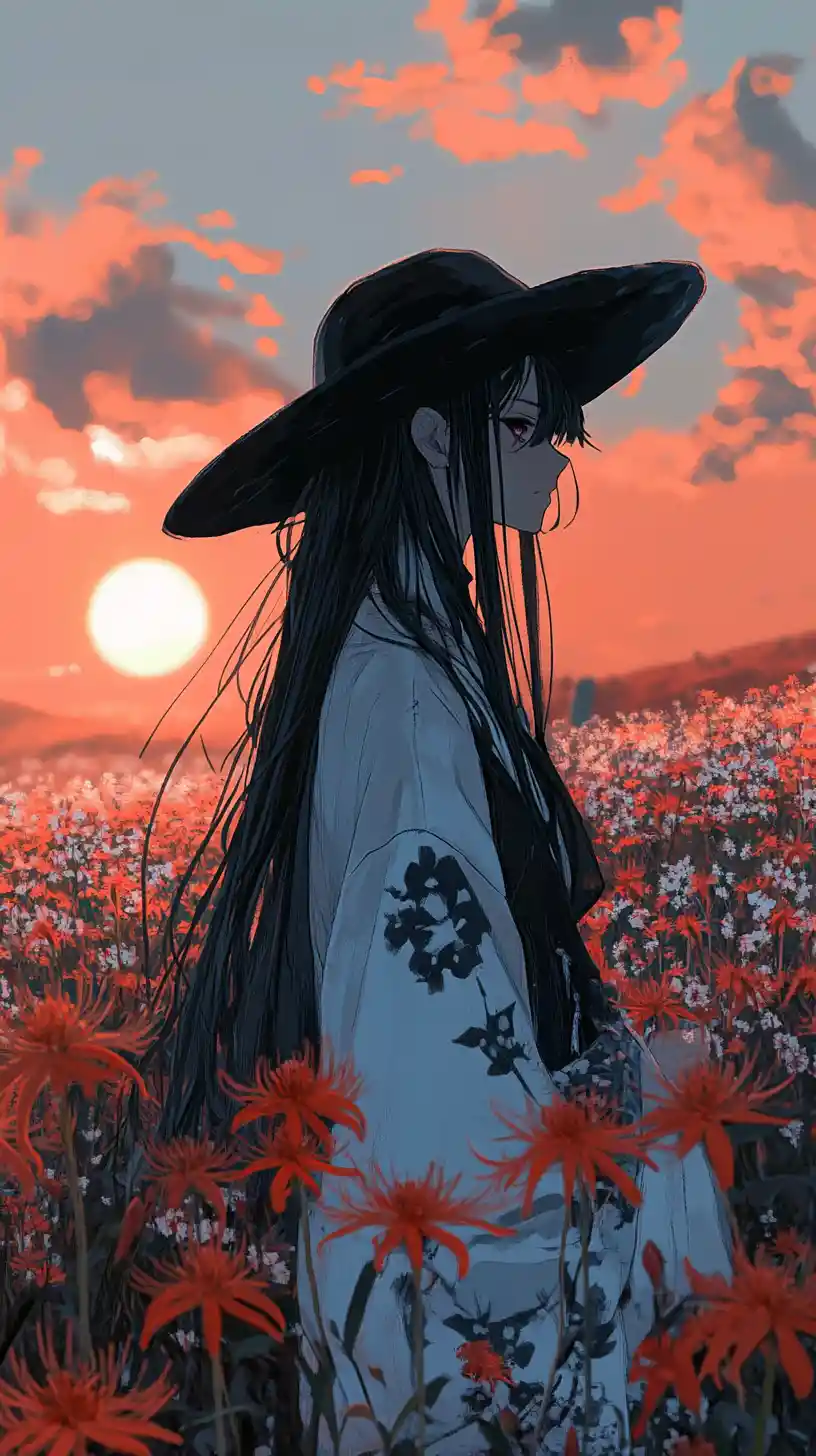 夕陽下走在紅色百合石徑上的少女