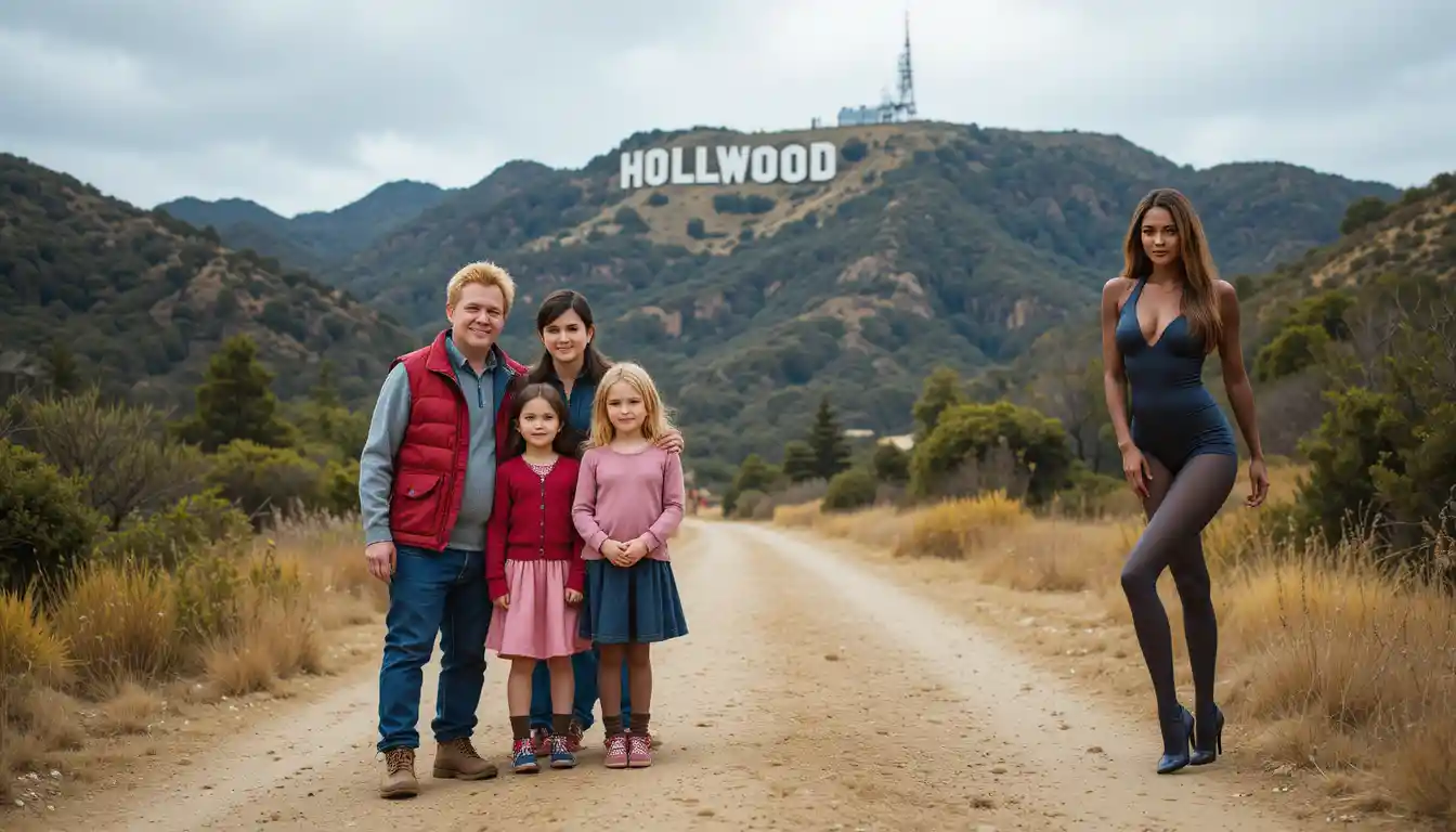 Familie posiert gemeinsam auf einem Weg nahe dem Hollywood-Schild
