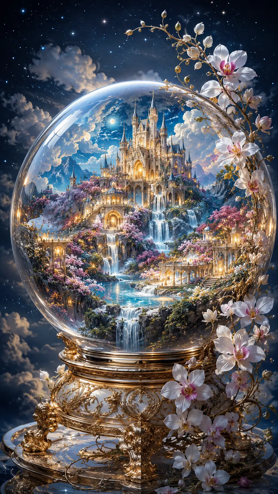 Surreal Glass Globe Castle With Waterfalls And Wild Flowers