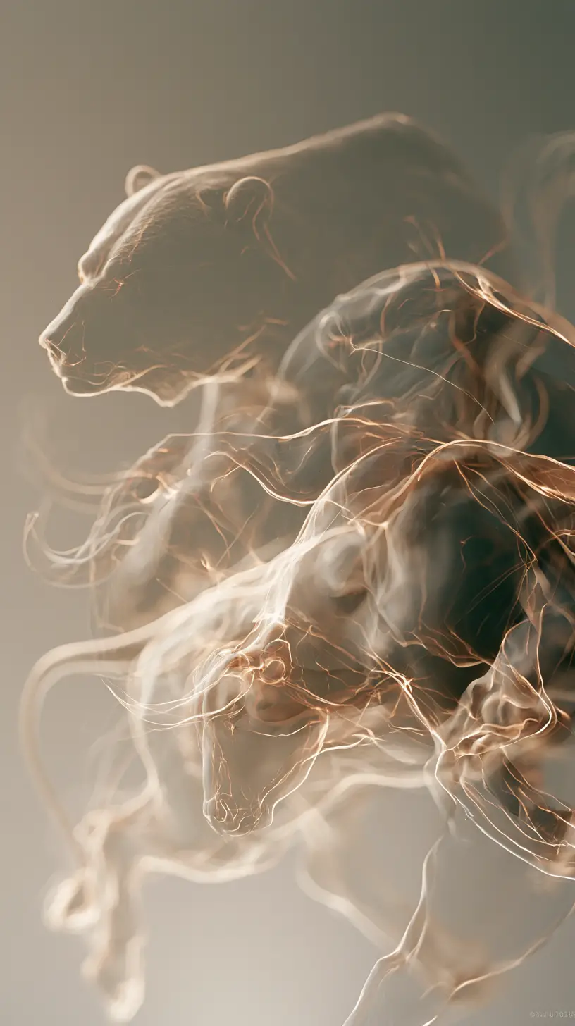 Anthropomorphic bear and bull merged in double exposure combat