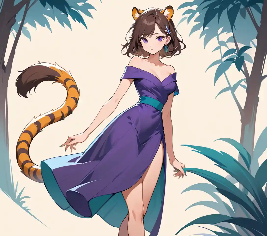 Elegant tiger inspired woman in asymmetric midi dress