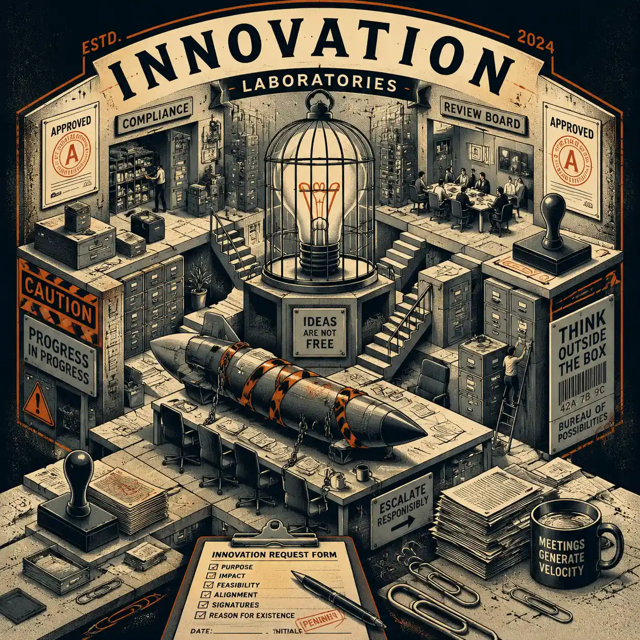 Surreal innovation lab tangled in corporate caution tape