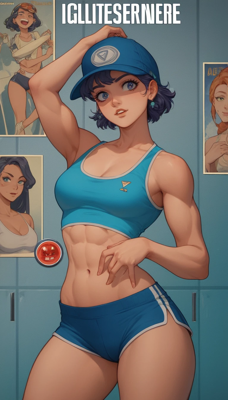 Confident anime girl in sporty outfit by the school pool