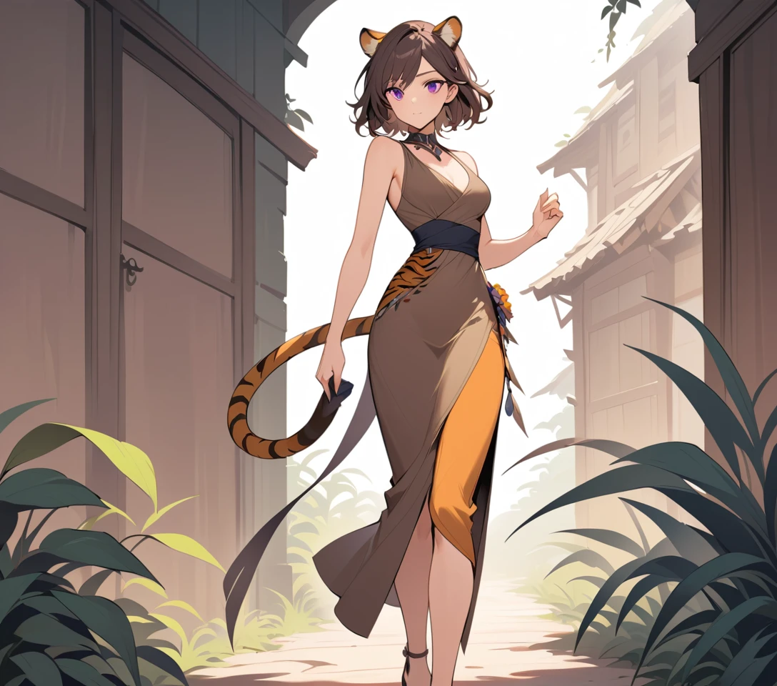 Elegant fantasy woman with tiger ears in midi dress