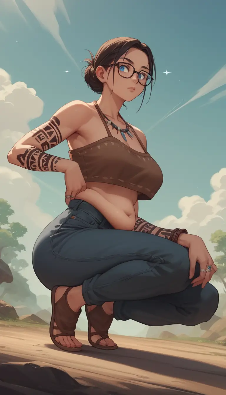 Anime warrior woman with glasses on a fantasy ring stage