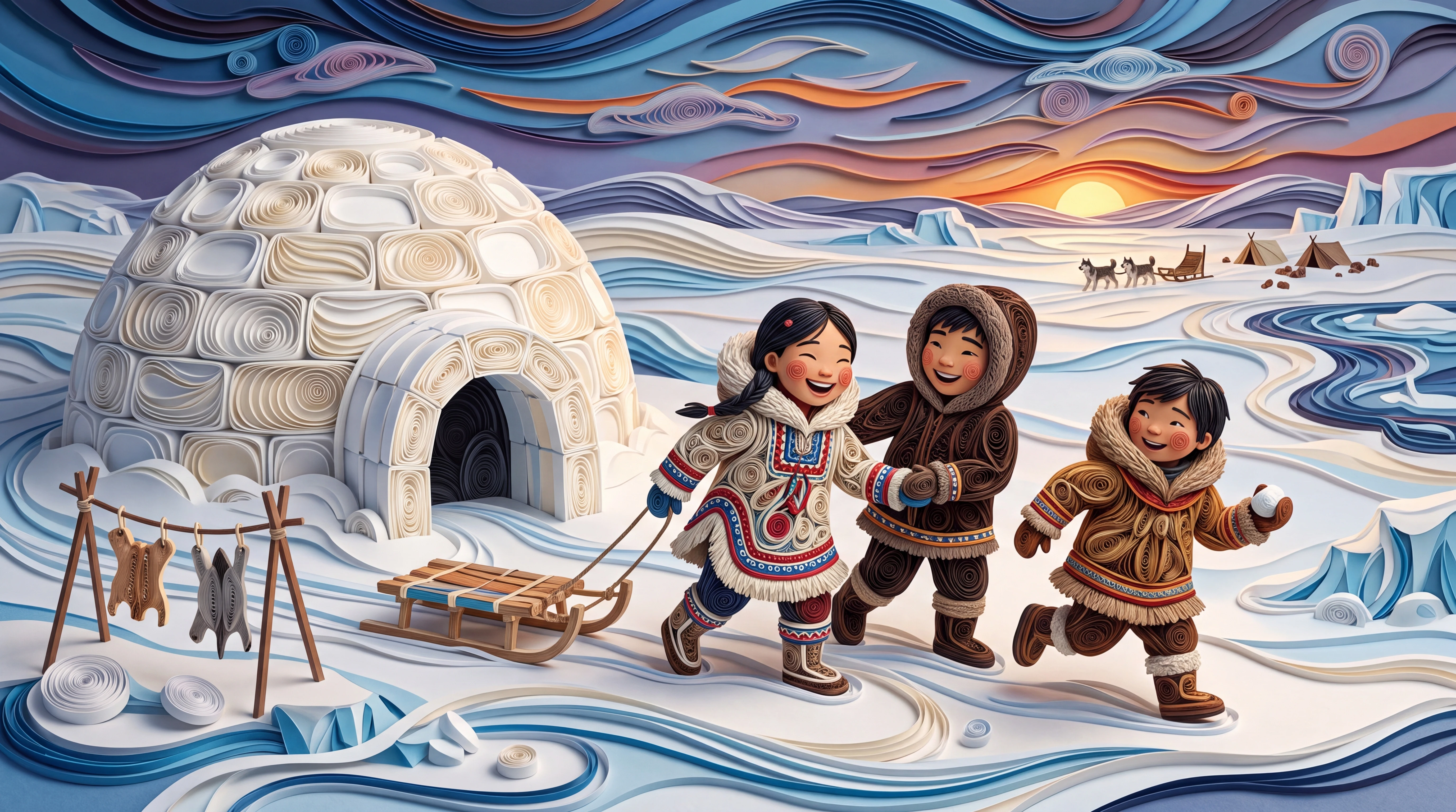 Inuit children playing by an igloo in the Arctic snow