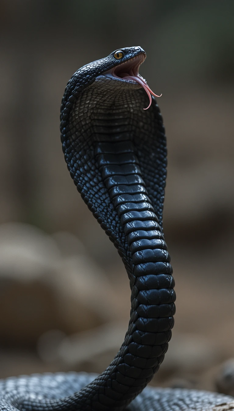 Black cobra snake rising upright with tongue flicking