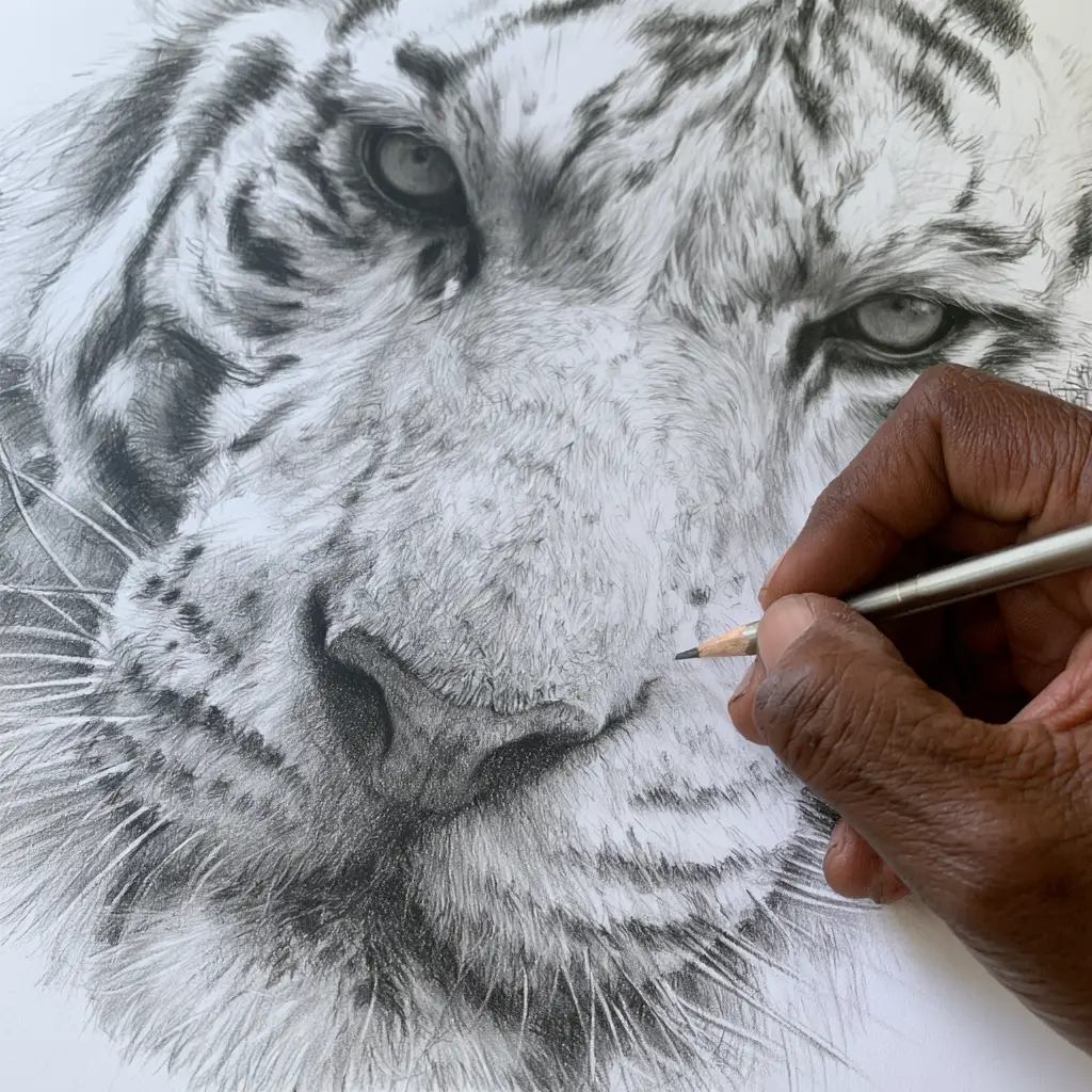 Close up pencil sketch of a white tiger face