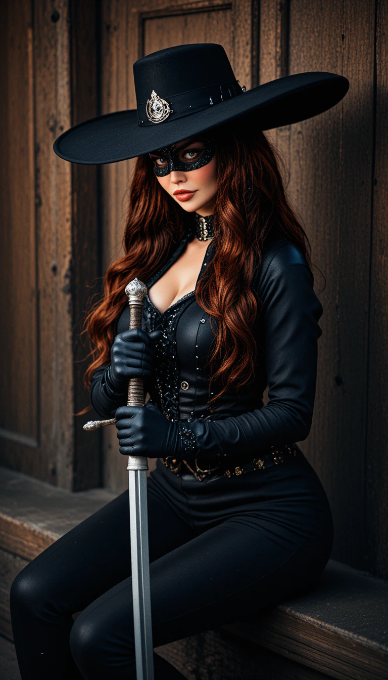 Masked woman with rapier in dramatic wooden interior