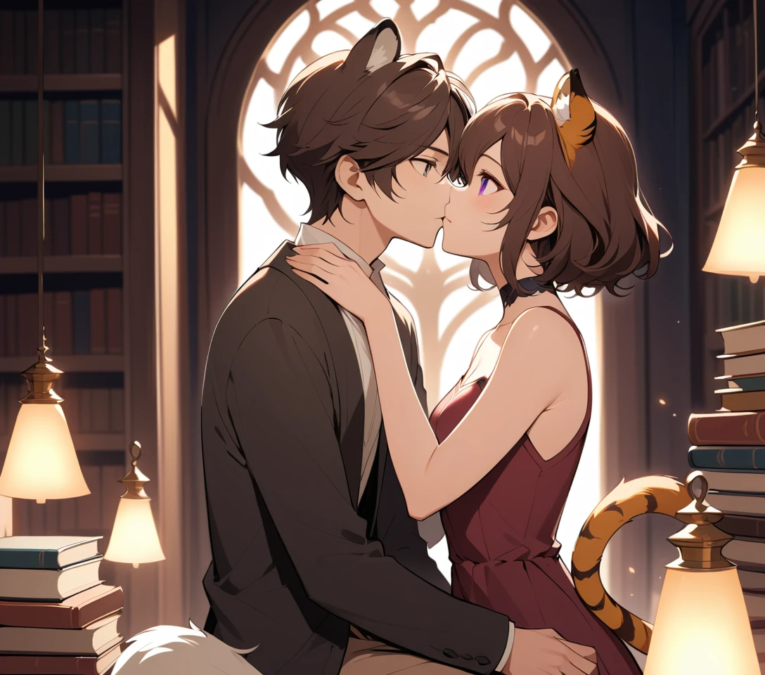 Romantic kiss between students in a warm school library