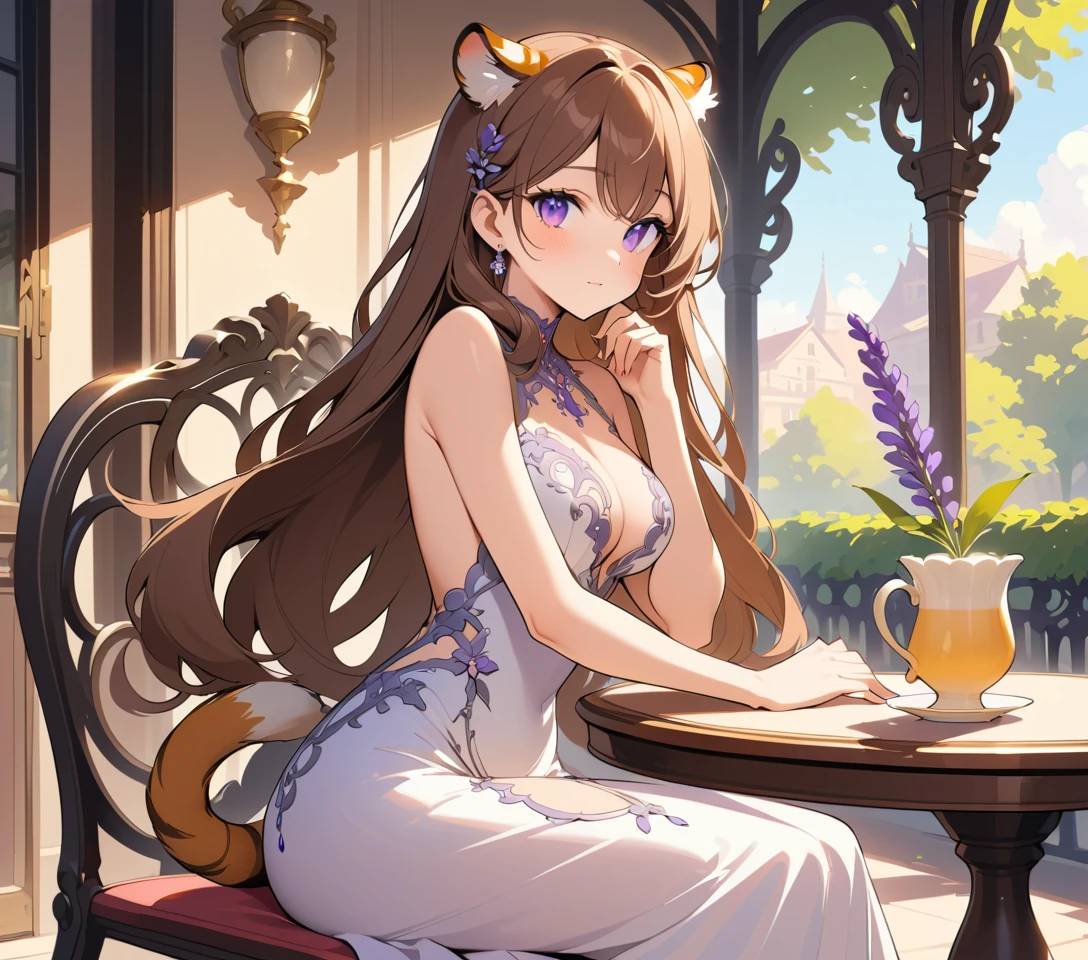 Elegant woman with tiger ears in a sunny cafe