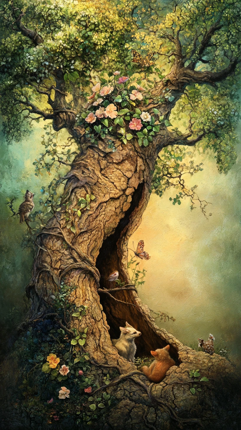 Ancient Split Tree Blooming In Soft Evening Forest Light