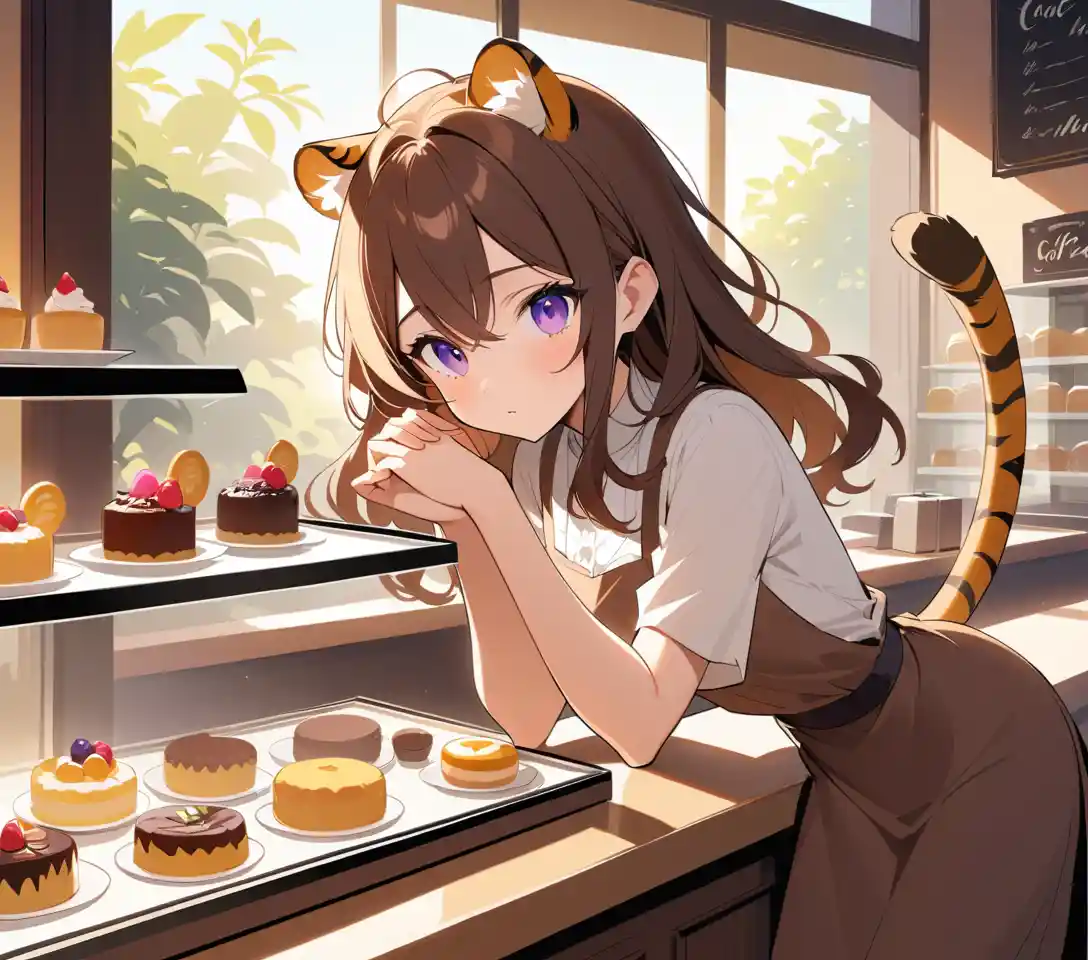 Donna con orecchie da tigre che ammira i dolci al bancone soleggiato di un caffè