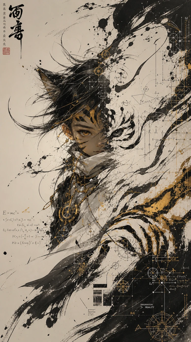 Futuristic feline child dissolving into abstract ink strokes