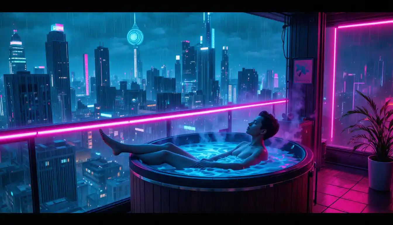 Se détendre dans un jacuzzi au‑dessus d’une ville cyberpunk néon