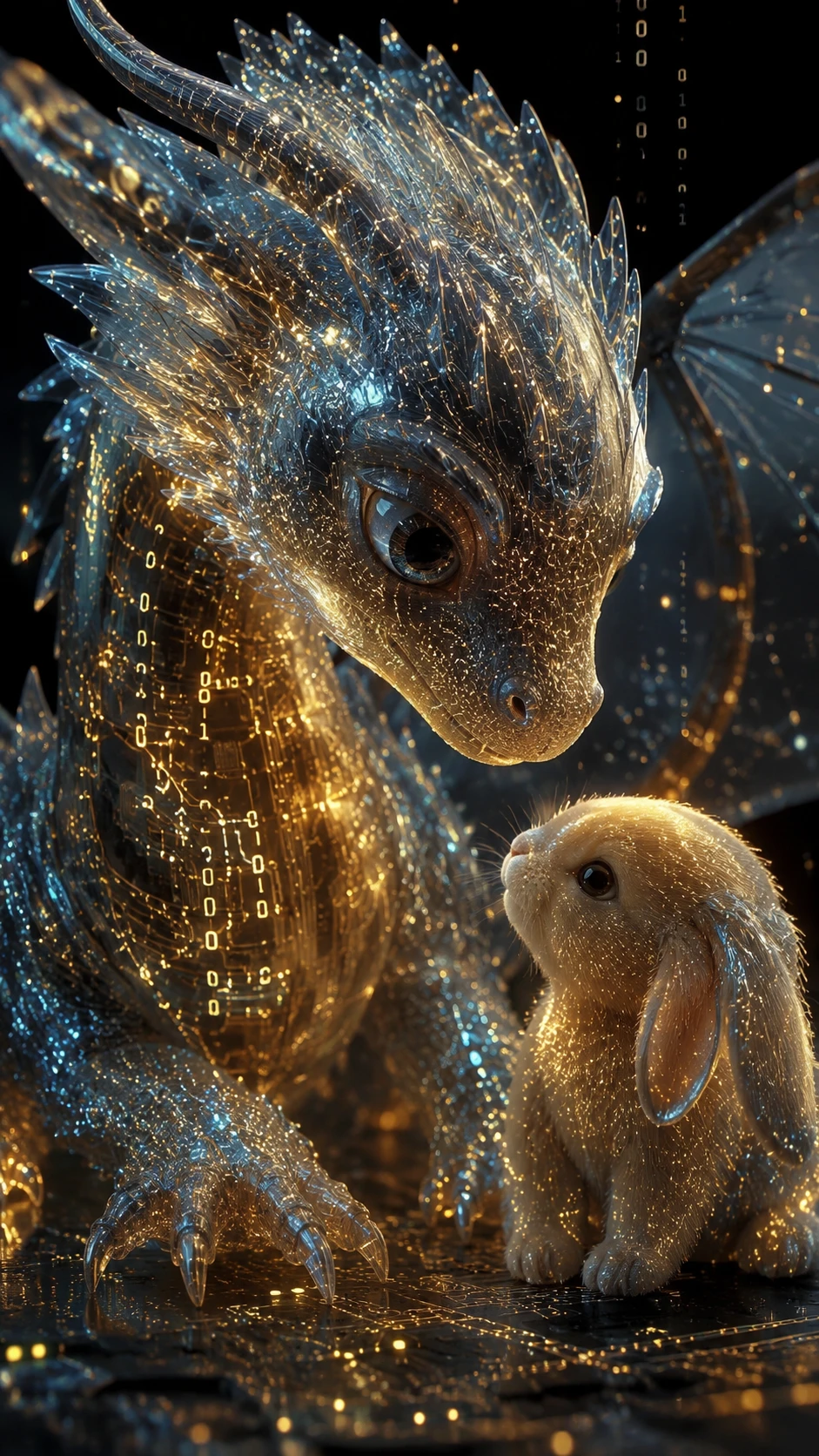 Baby dragon of data particles with rabbit companion