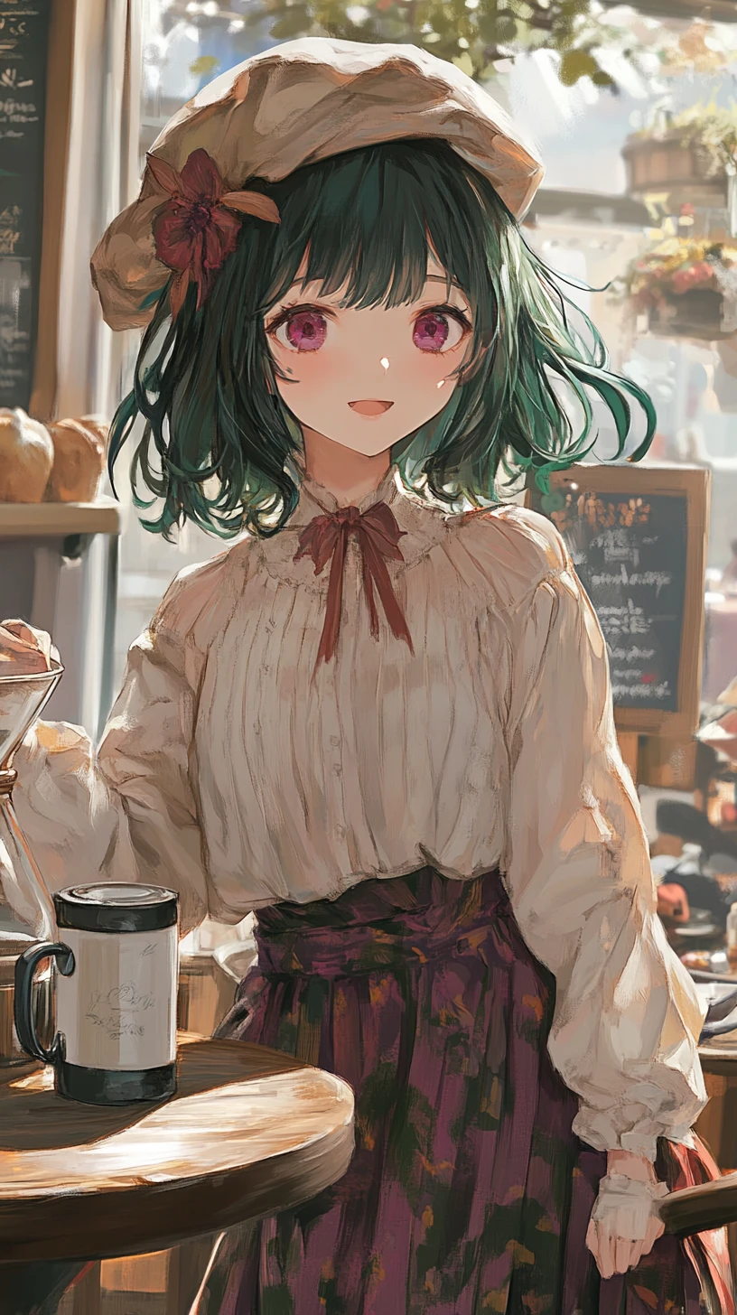 Anime girl in cozy outfit with dark green hair