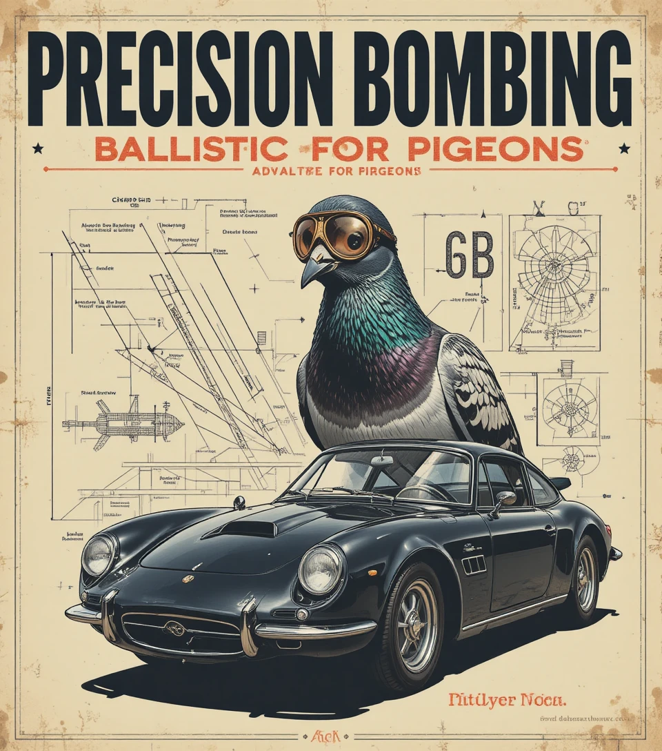 Vintage textbook cover of a calculating pigeon over sports car