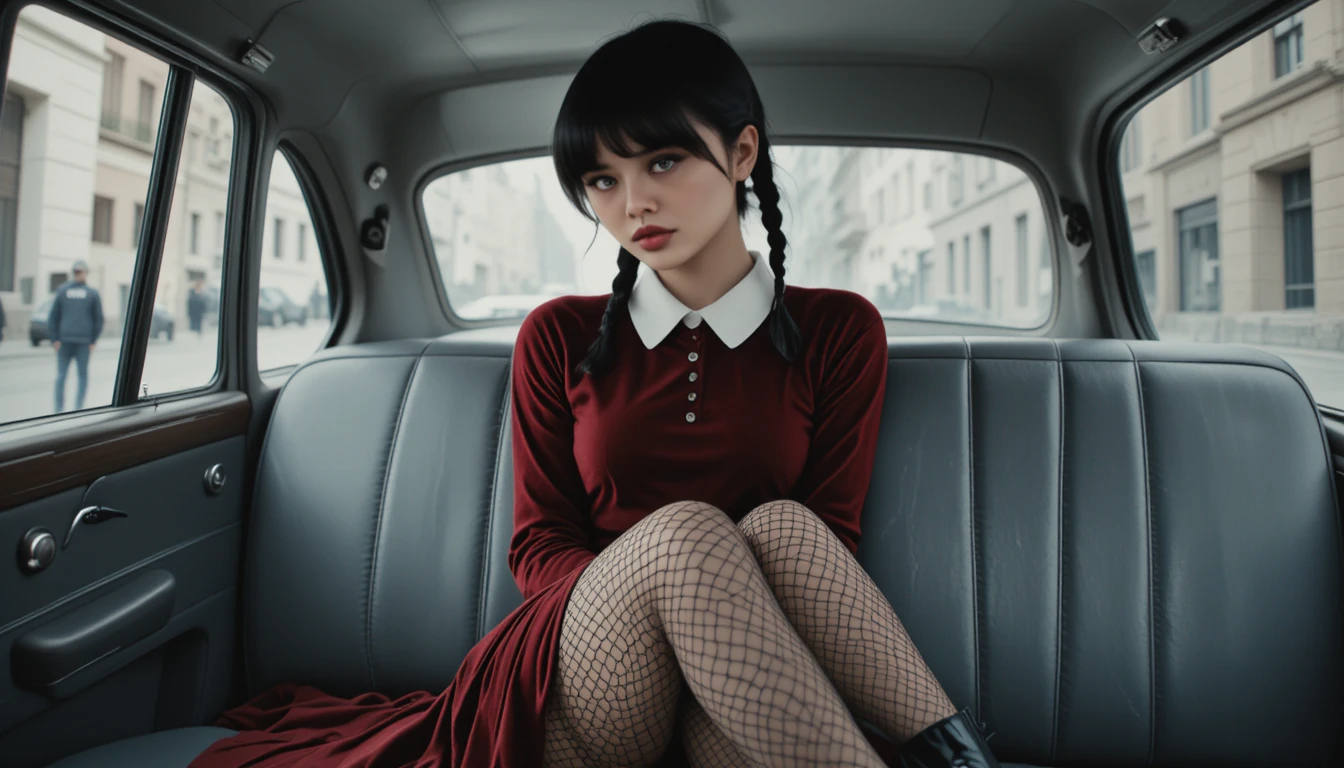 Gothic girl in red dress seated in vintage car interior