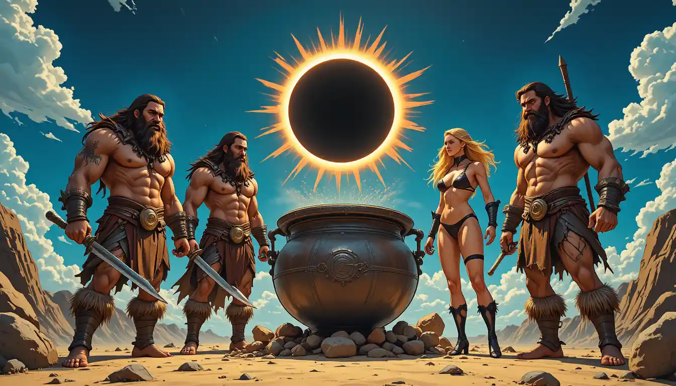 Muscular warriors and a woman gathered around ancient cauldron