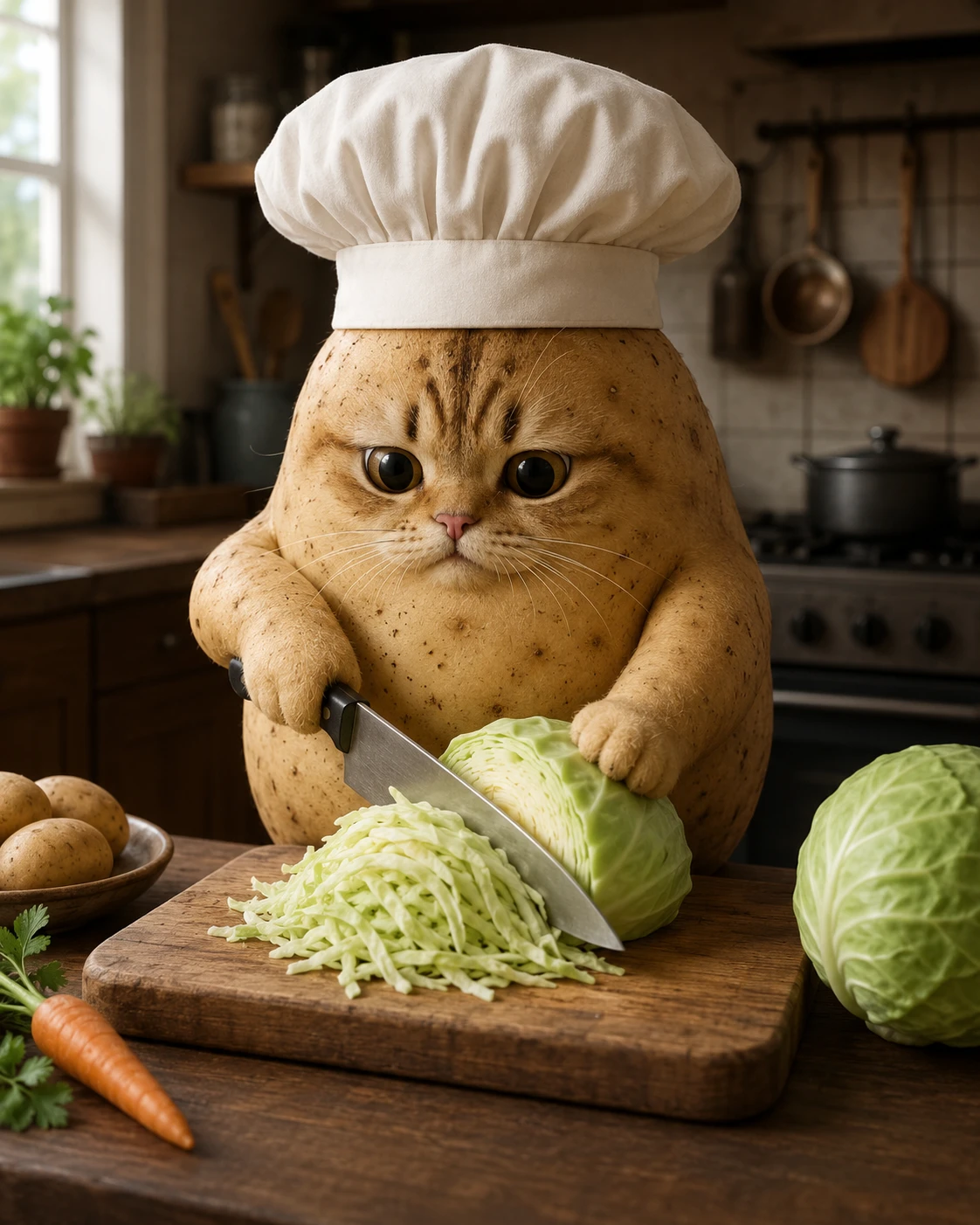 Cartoon cat chef slicing cabbage in a home kitchen