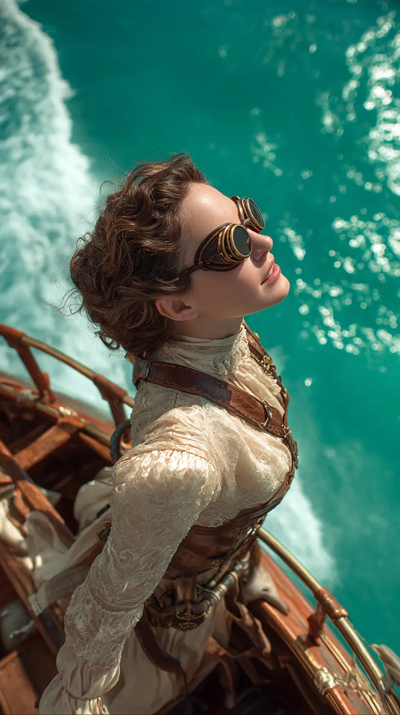 Woman on steampunk airship above vivid turquoise sea