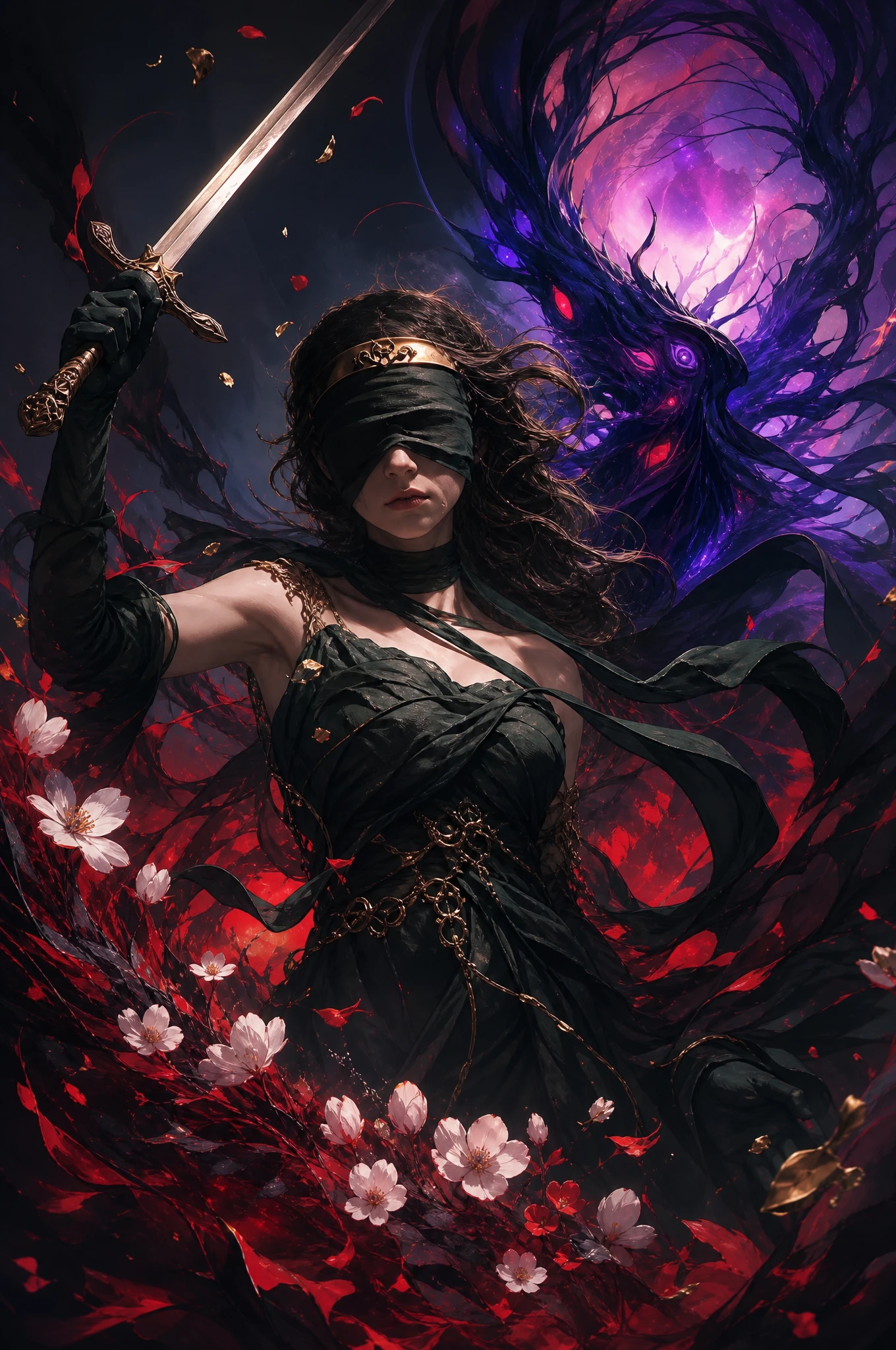Dark fantasy woman framed in ceremonial fashion illustration