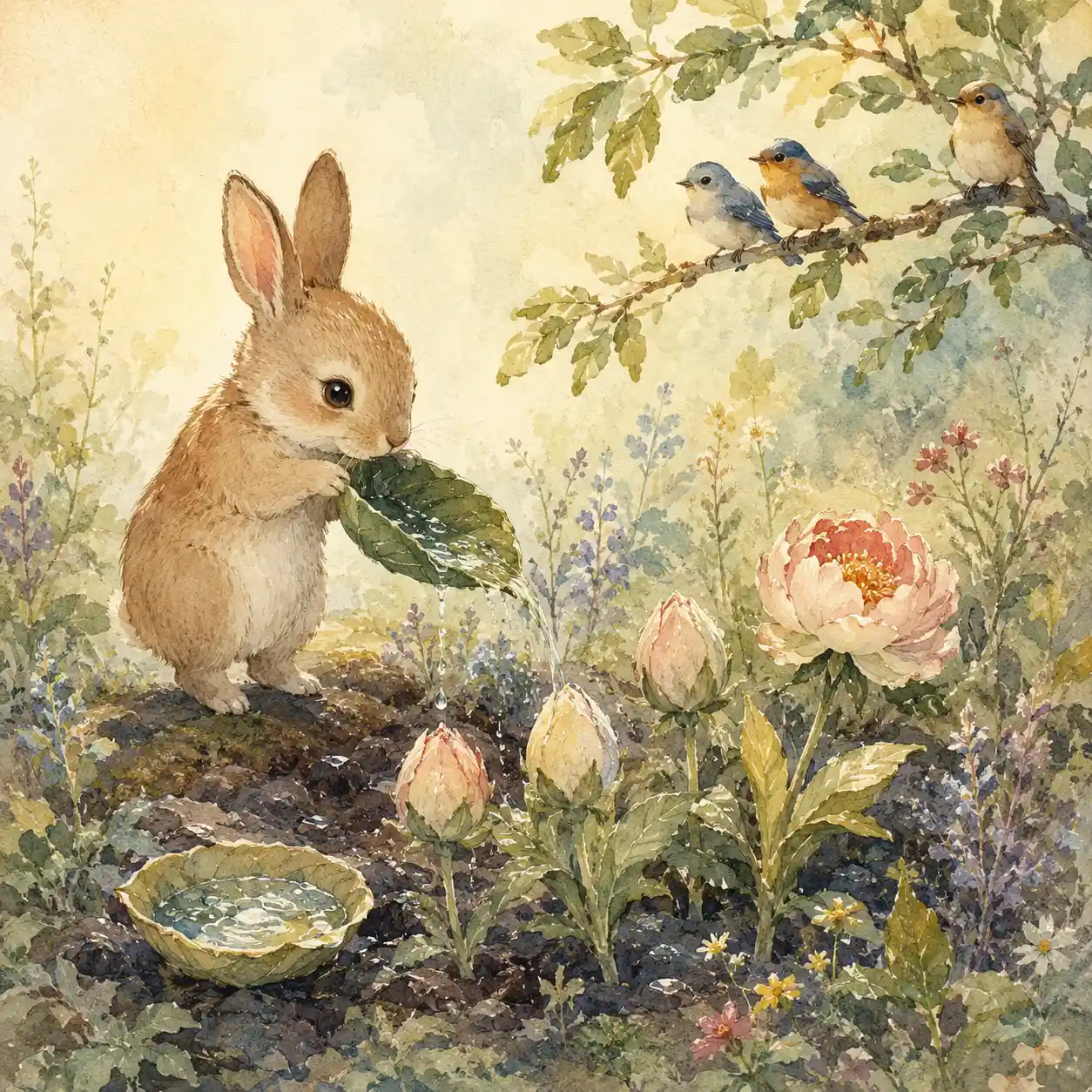 Tiny rabbit watering unopened flowers in a quiet garden
