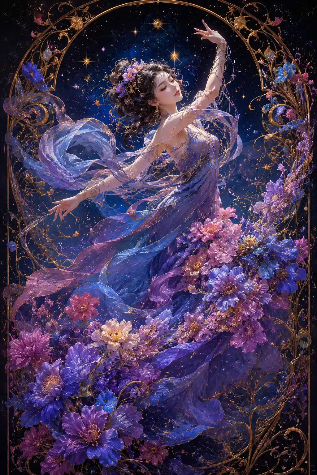 Ethereal woman dancing among celestial lights and blooming gown