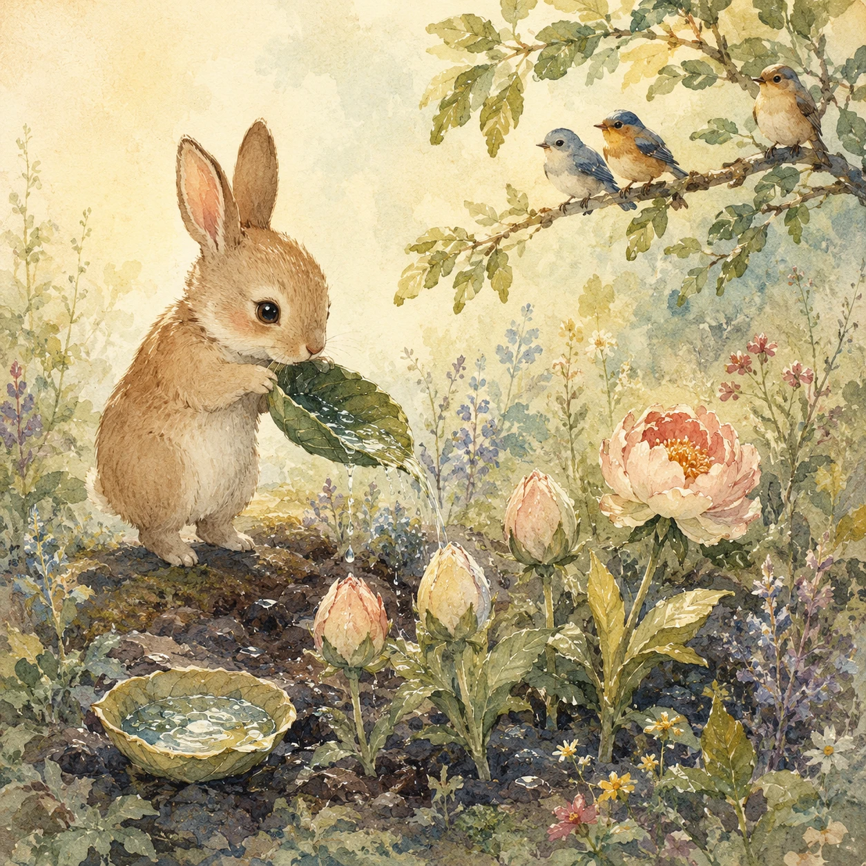 Tiny rabbit watering unopened flowers in a quiet garden