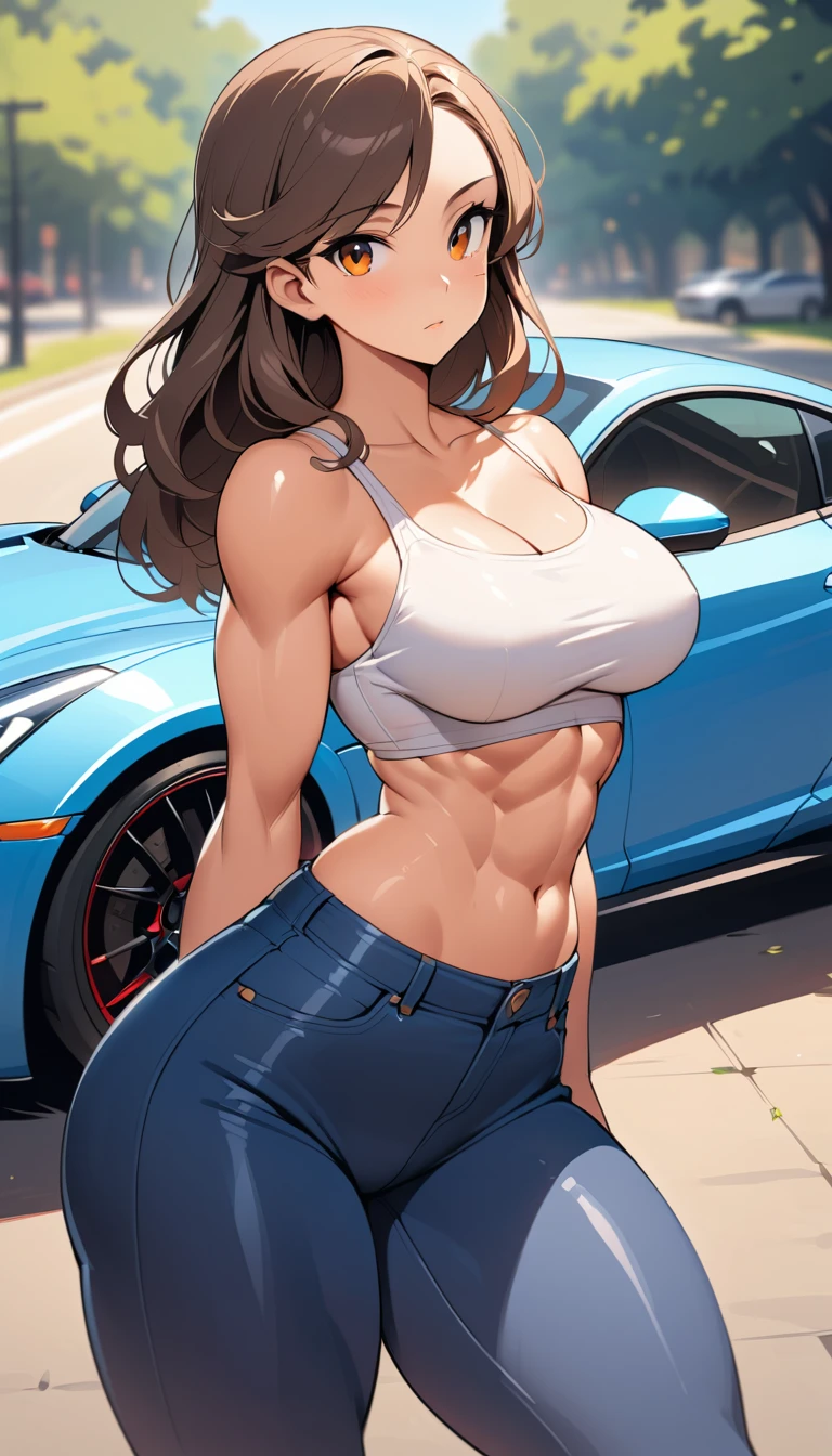 Confident woman posing beside a sleek modern sports car