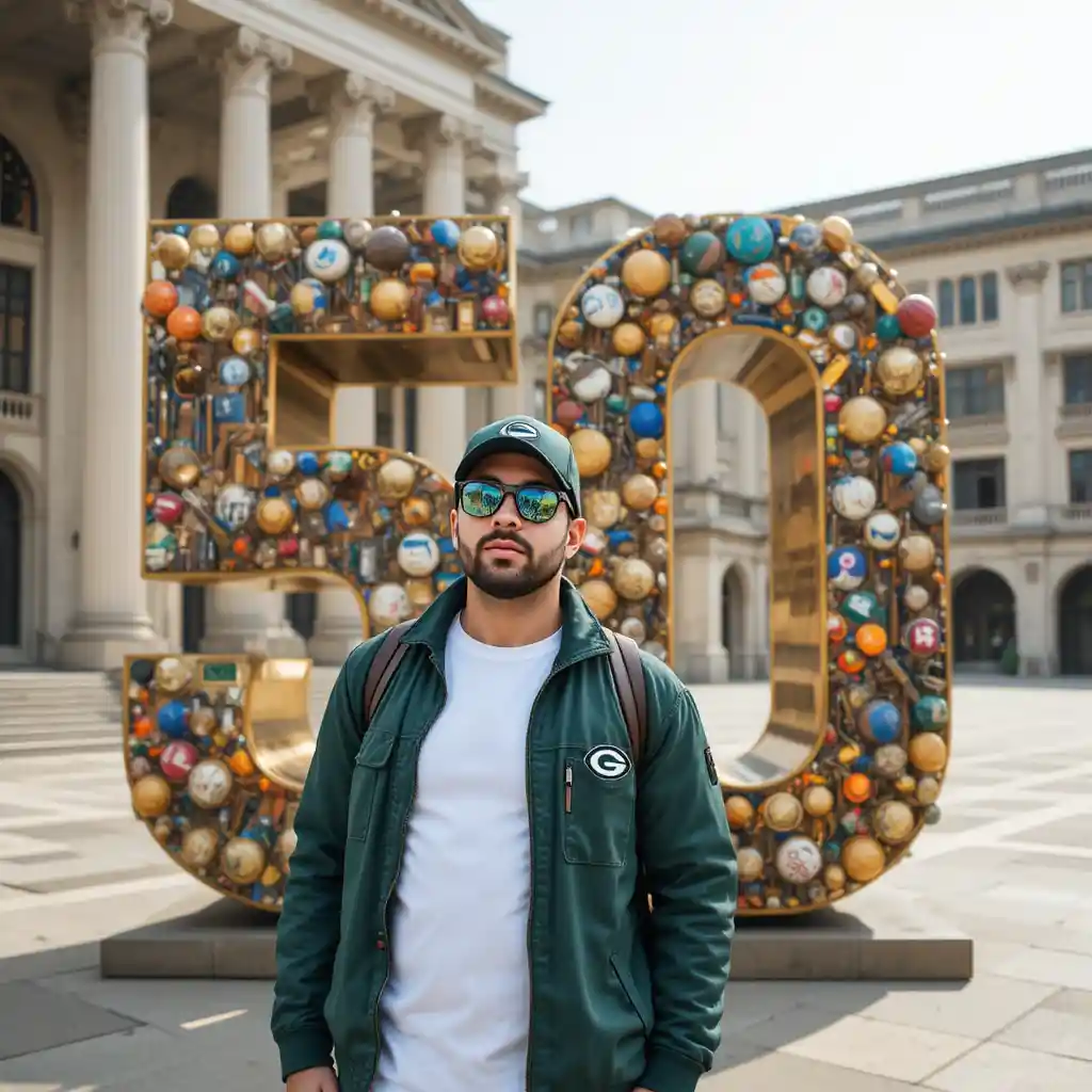 Man relaxing before giant gold 50 in urban courtyard