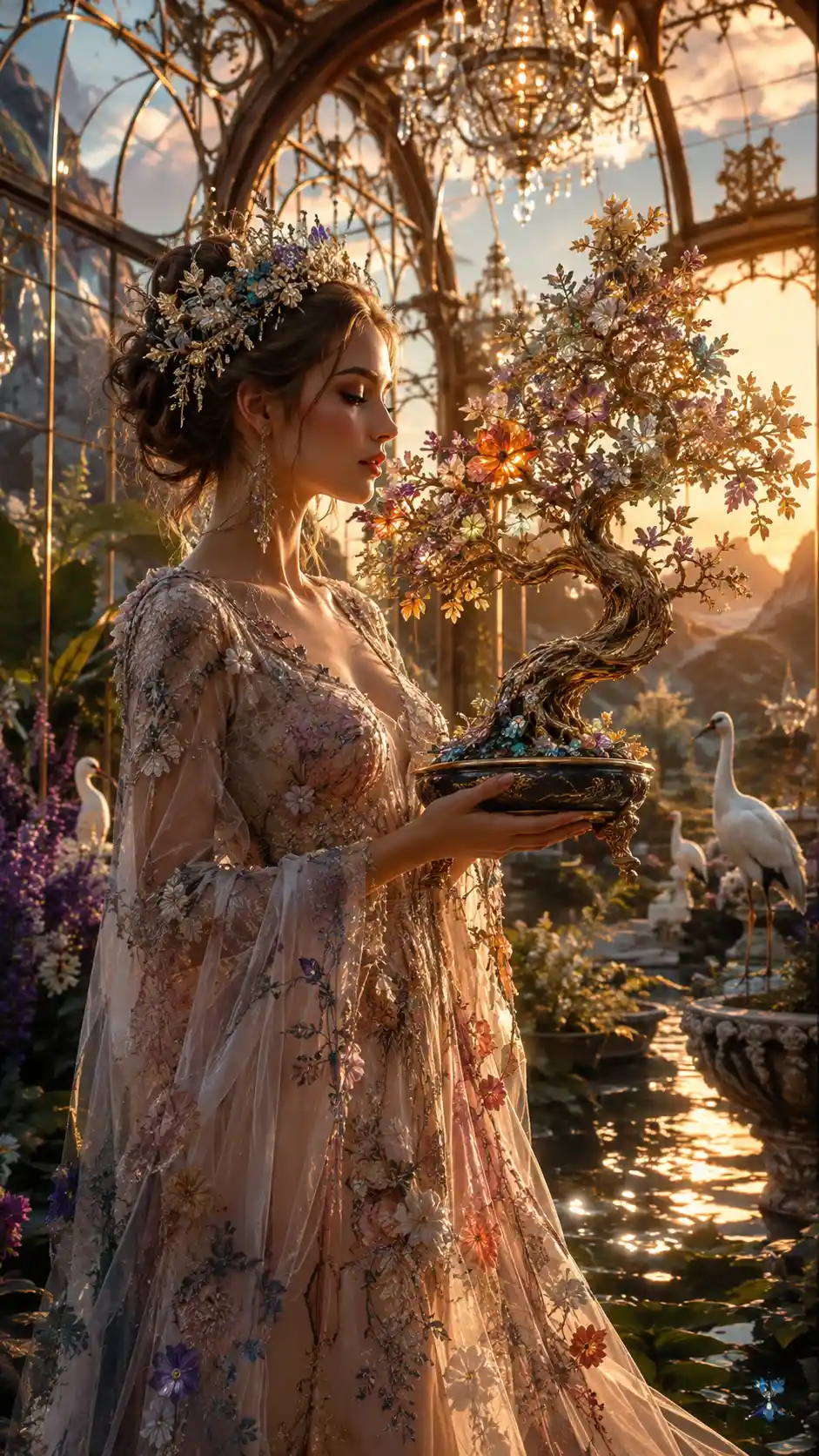 Enchanted woman holding crystal bonsai in glass conservatory