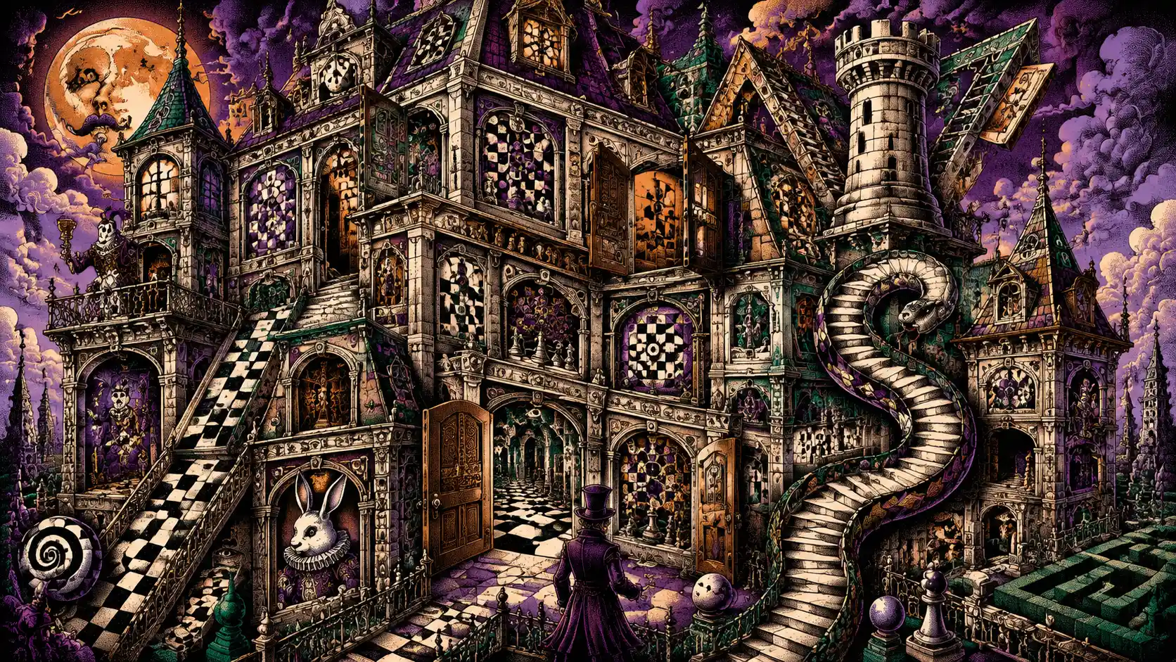 Surreal Victorian Mansion Twisting Into Living Game Like Architecture