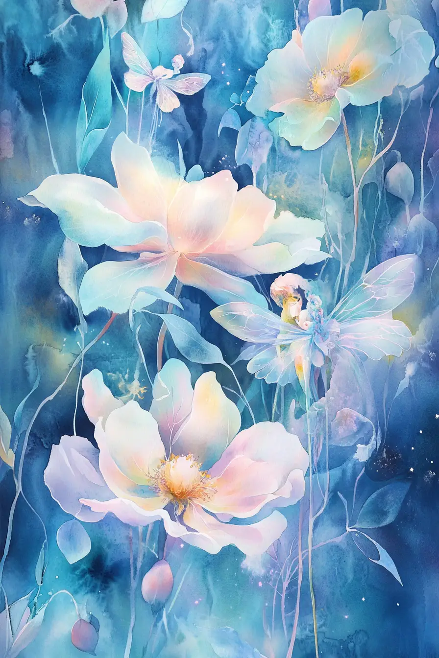 Dreamlike watercolor fairies in a glowing mystical garden