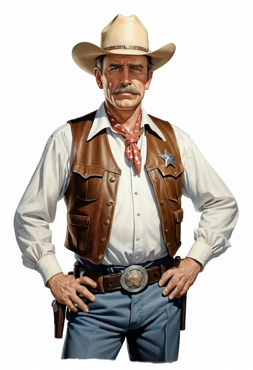 Middle aged sheriff in vest with dramatic full body pose