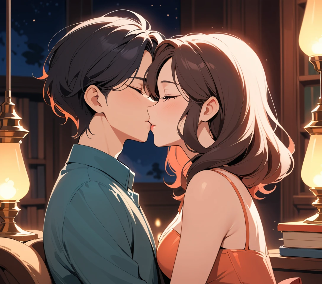 Romantic kiss between classmates in a dim school library