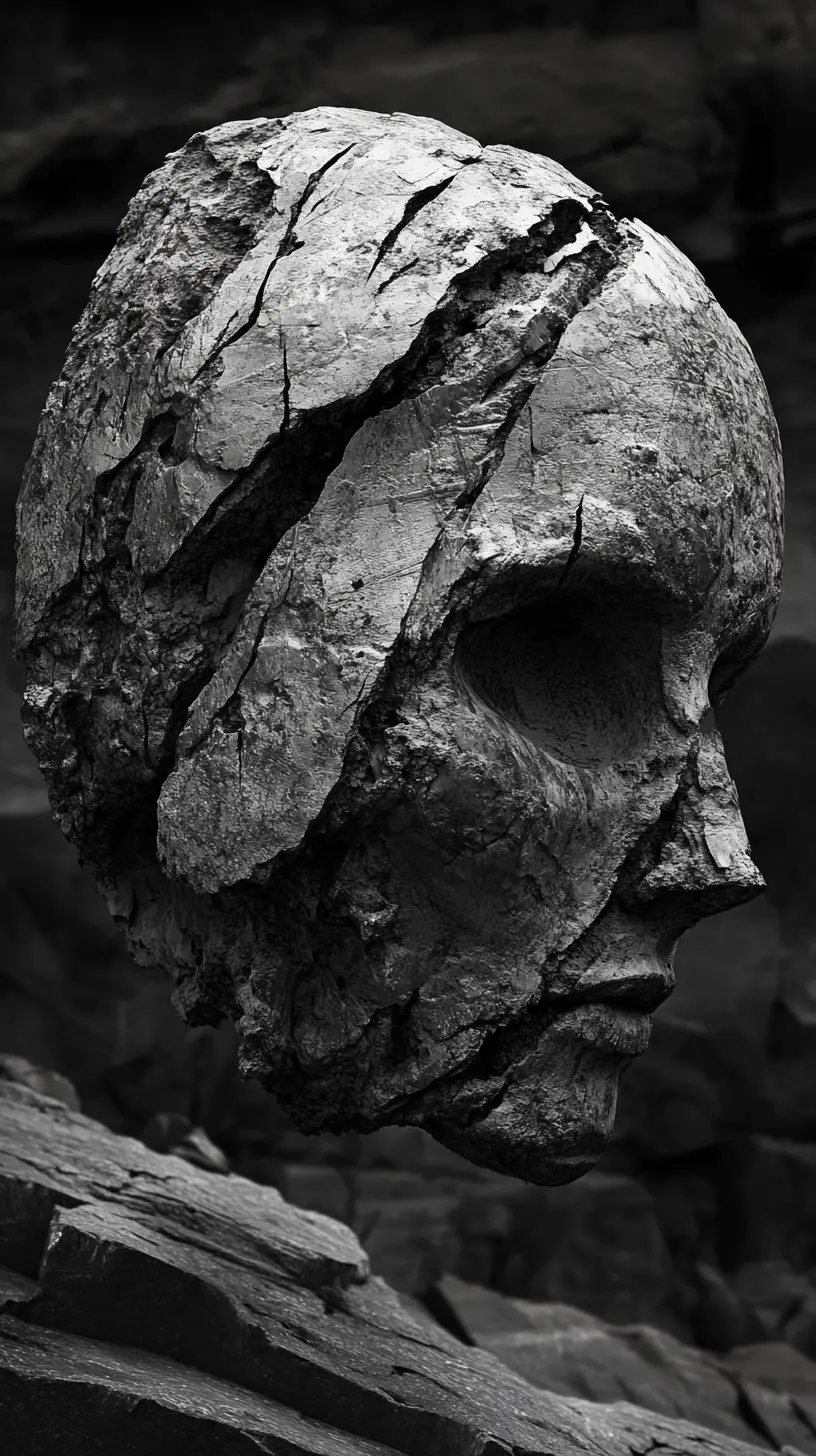 Rock resting on reflective foil in abstract space