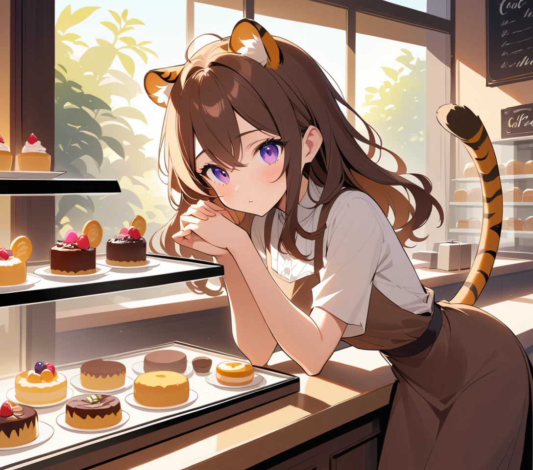 Tiger eared woman admiring pastries at a sunlit cafe counter