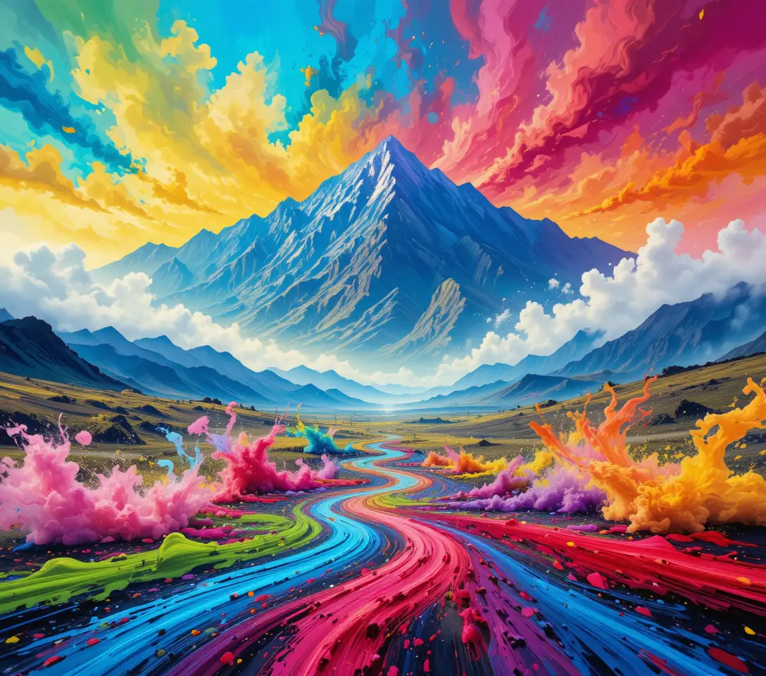 Mystical rainbow paints flowing across a vivid canvas