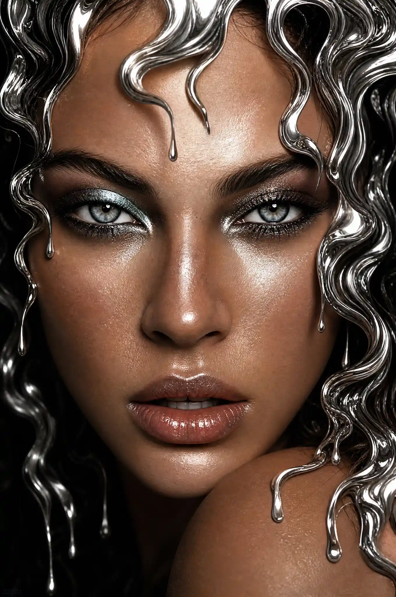 Retrato en primerísimo plano de mujer con ondas de cabello metálicas